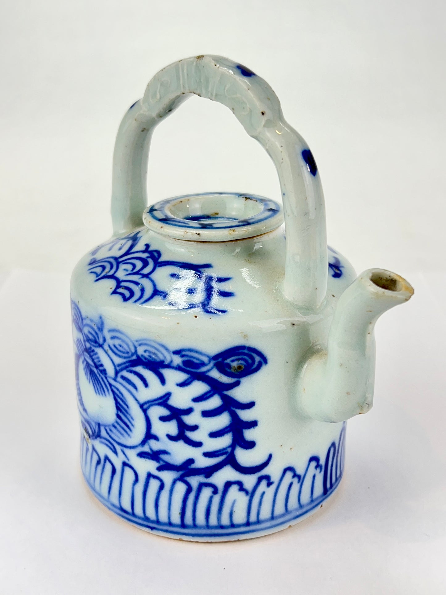 Antique Chinese c1920 Bridge Handle Tea Pot Cobalt Blue & White Hand Painted