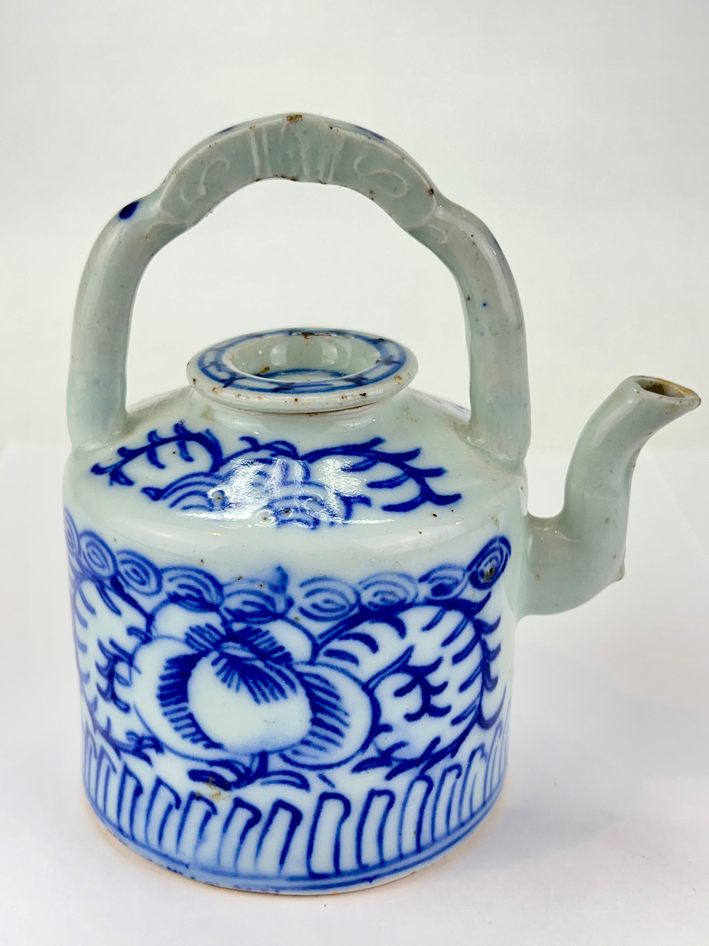 Antique Chinese c1920 Bridge Handle Tea Pot Cobalt Blue & White Hand Painted