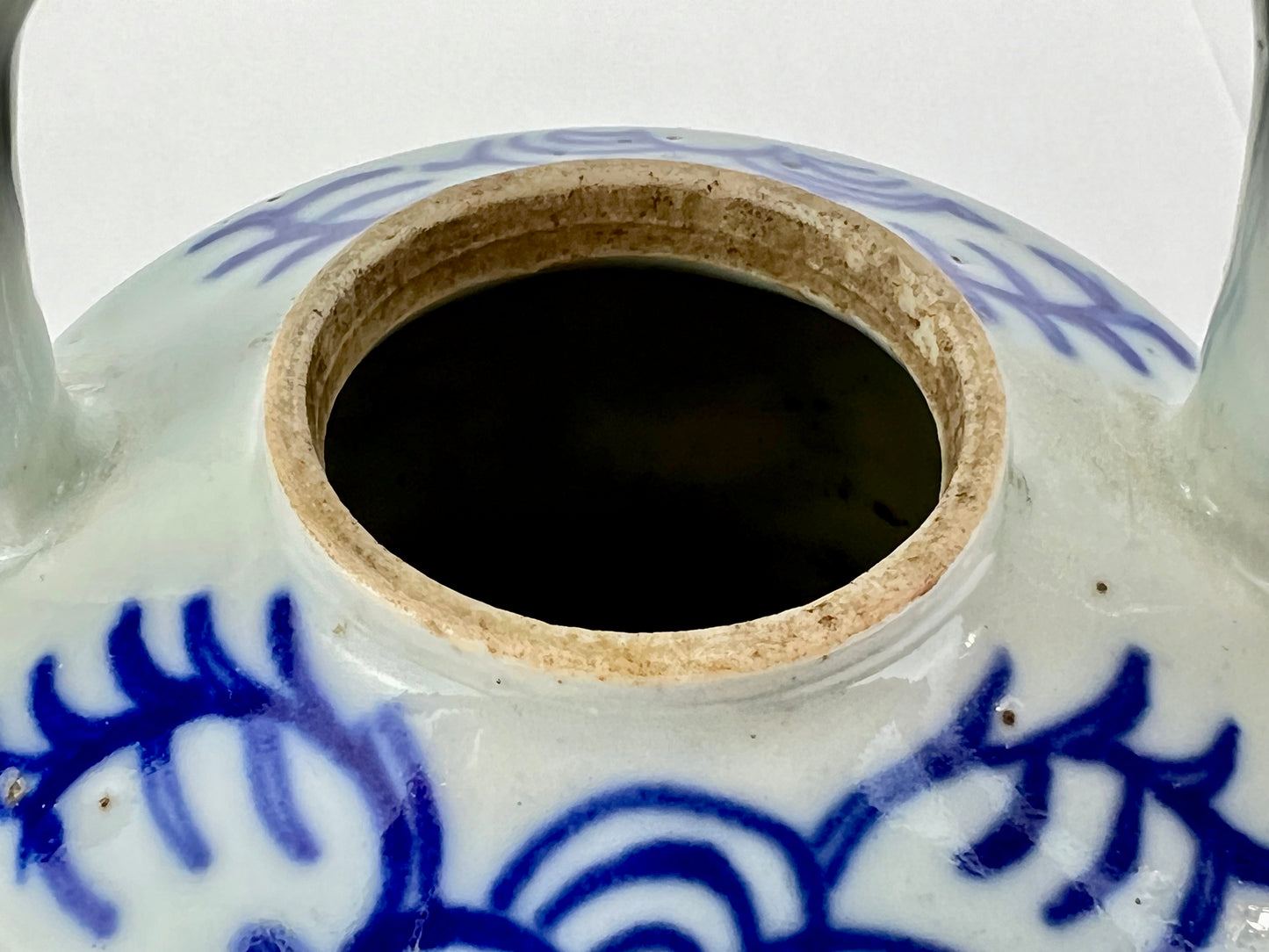 Antique Chinese c1920 Bridge Handle Tea Pot Cobalt Blue & White Hand Painted