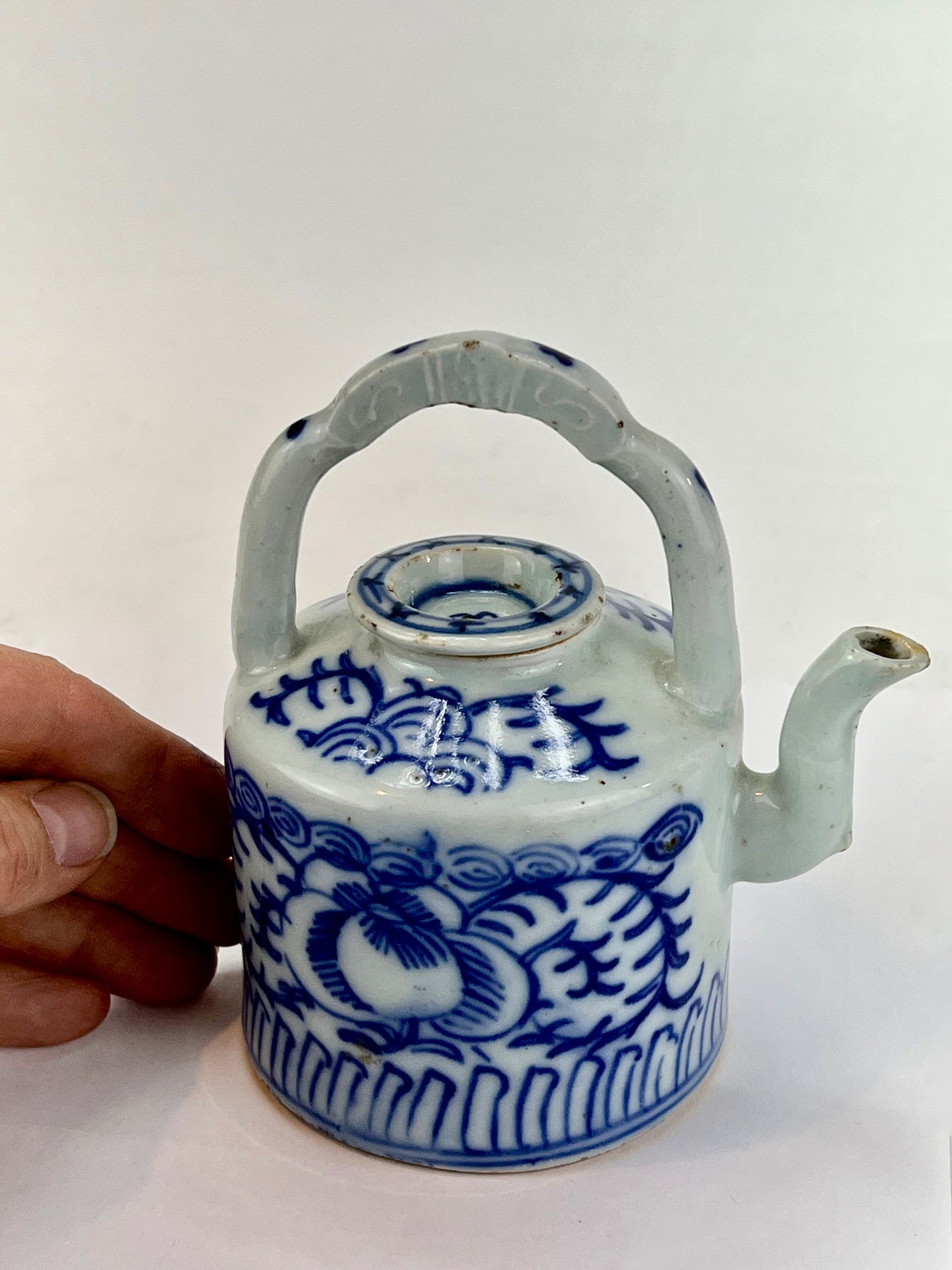 Antique Chinese c1920 Bridge Handle Tea Pot Cobalt Blue & White Hand Painted