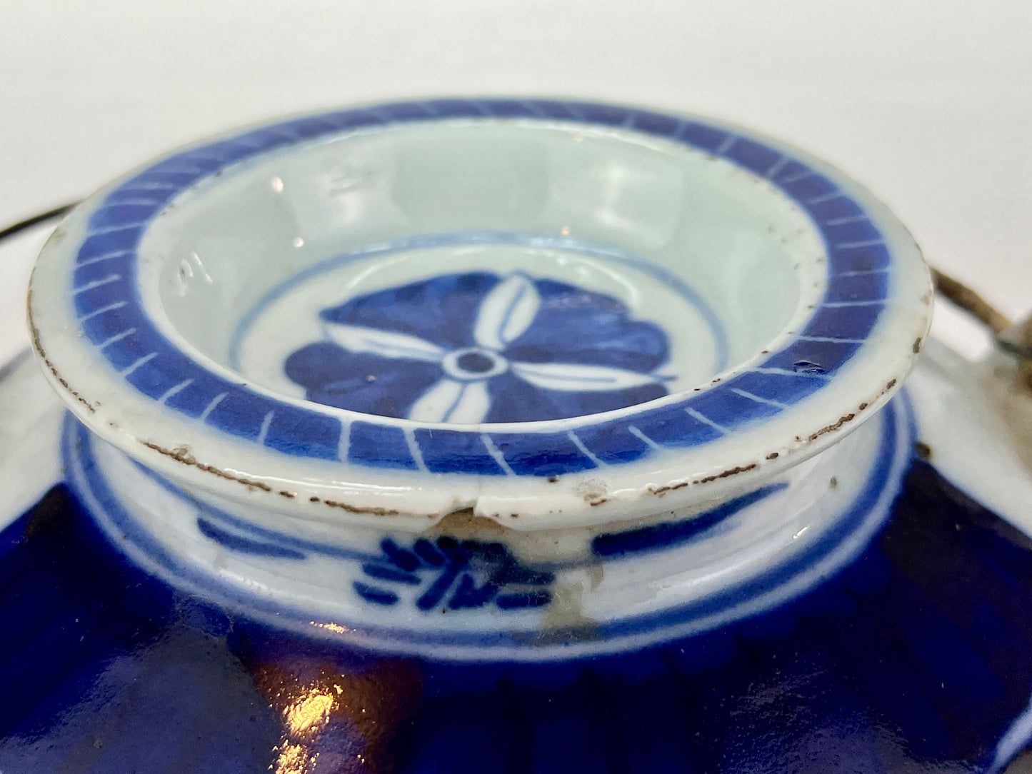 Antique Chinese c1920 Double Happiness Tea Pot Cobalt Blue & White Hand Painted 7"