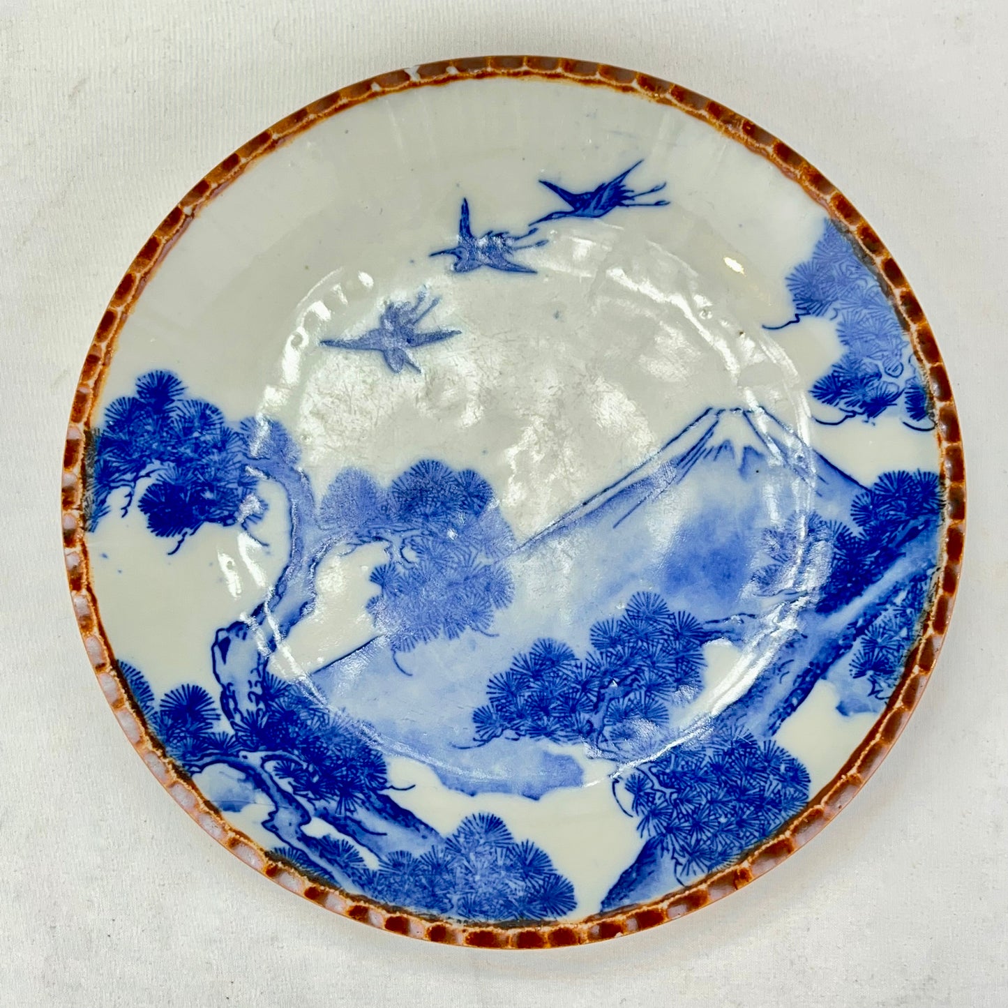 Antique Japanese c1900 Meiji Era Ceramic Imari Plate Pine Cranes & Mt Fuji 8.5"