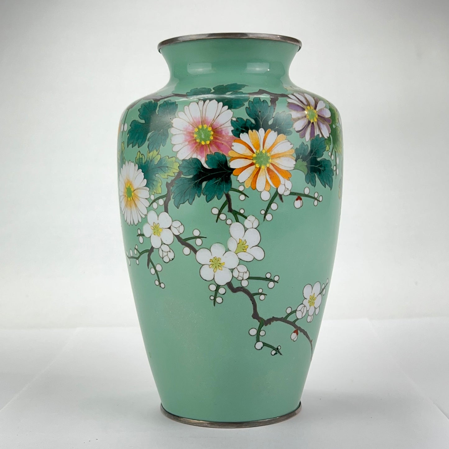 Antique Japanese Meiji Era (late 1800's) Cloisonné Vase Teal w/ Plum Blossoms 7”