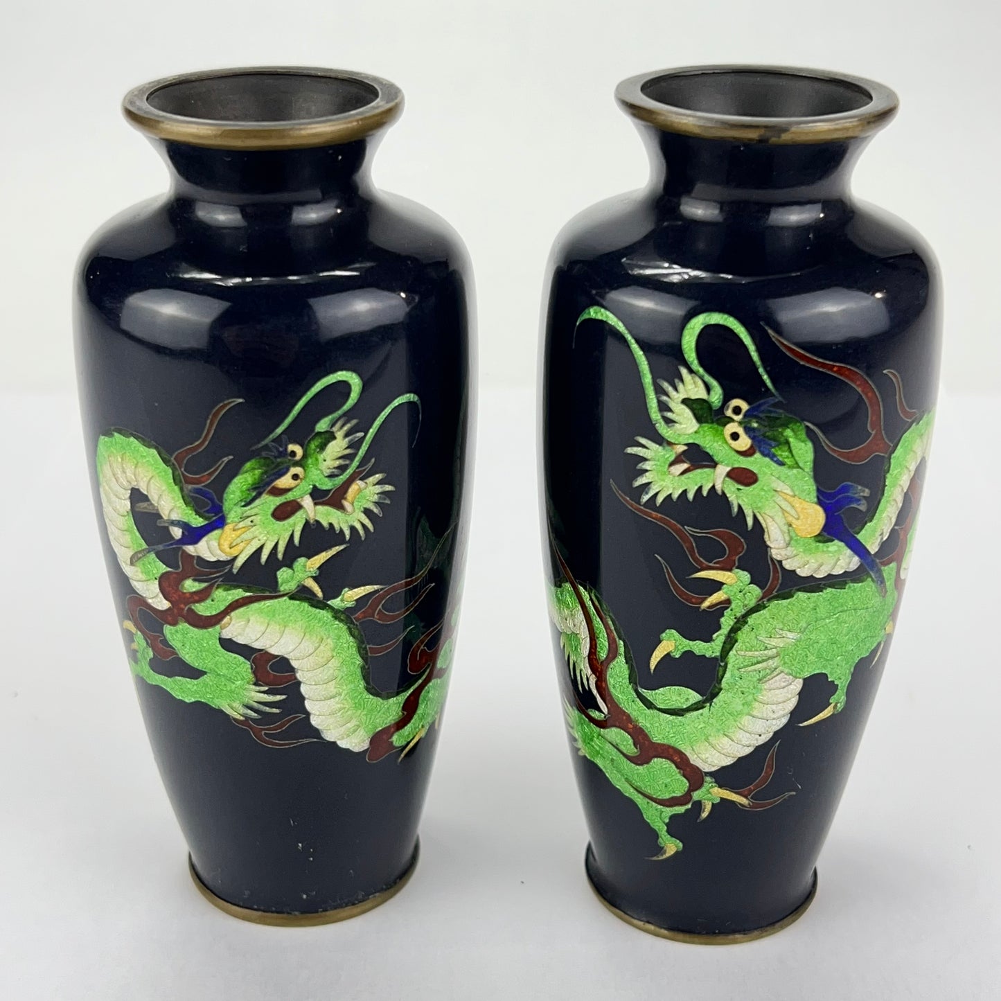 Antique Japanese Meiji Era (late 1800's) Cloisonné Pair of Green Dragon Vases 5”