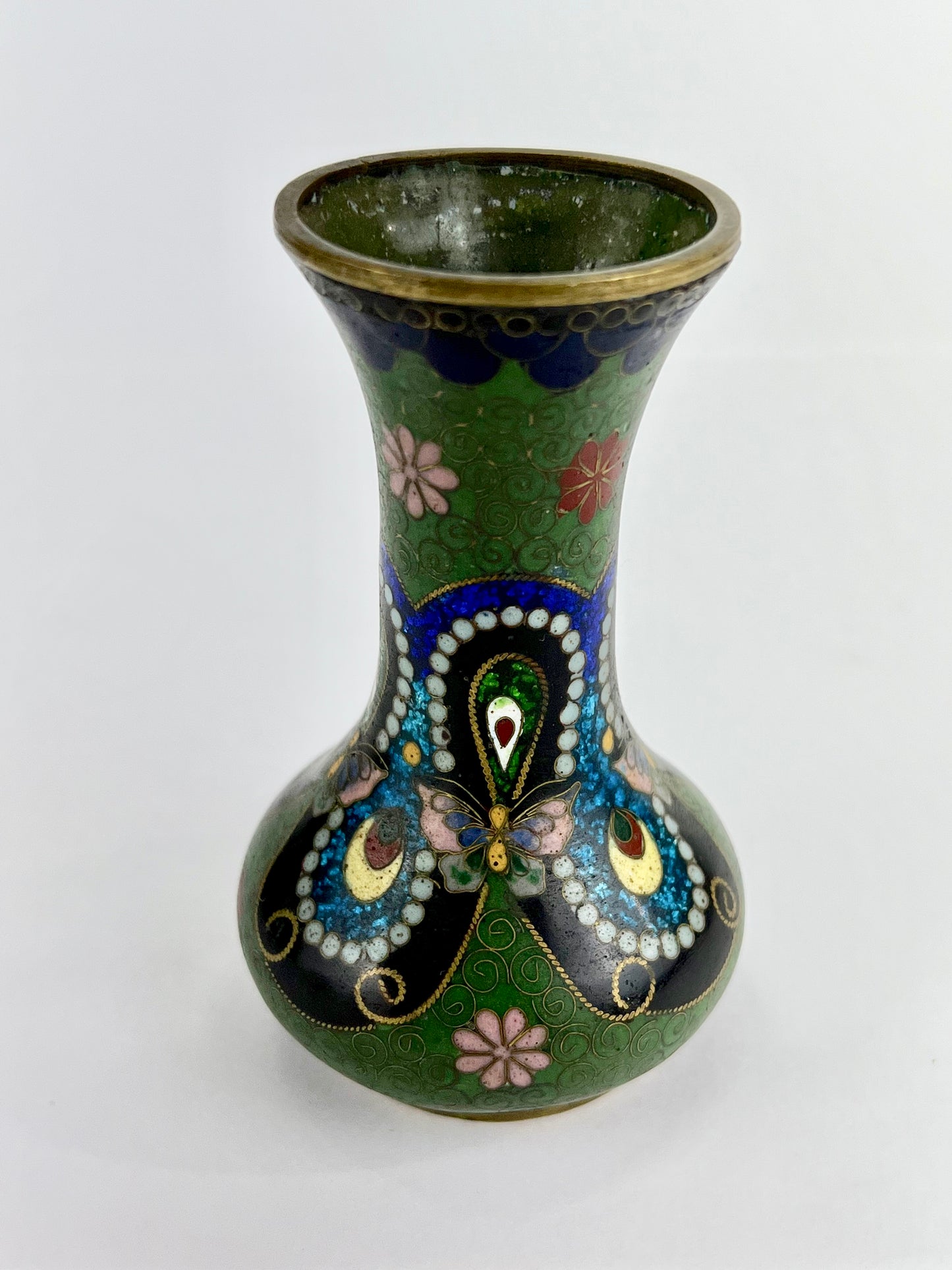 Antique Japanese Meiji Era (late 1800's) Cloisonné Vase Green w/ Butterflies 3.5”