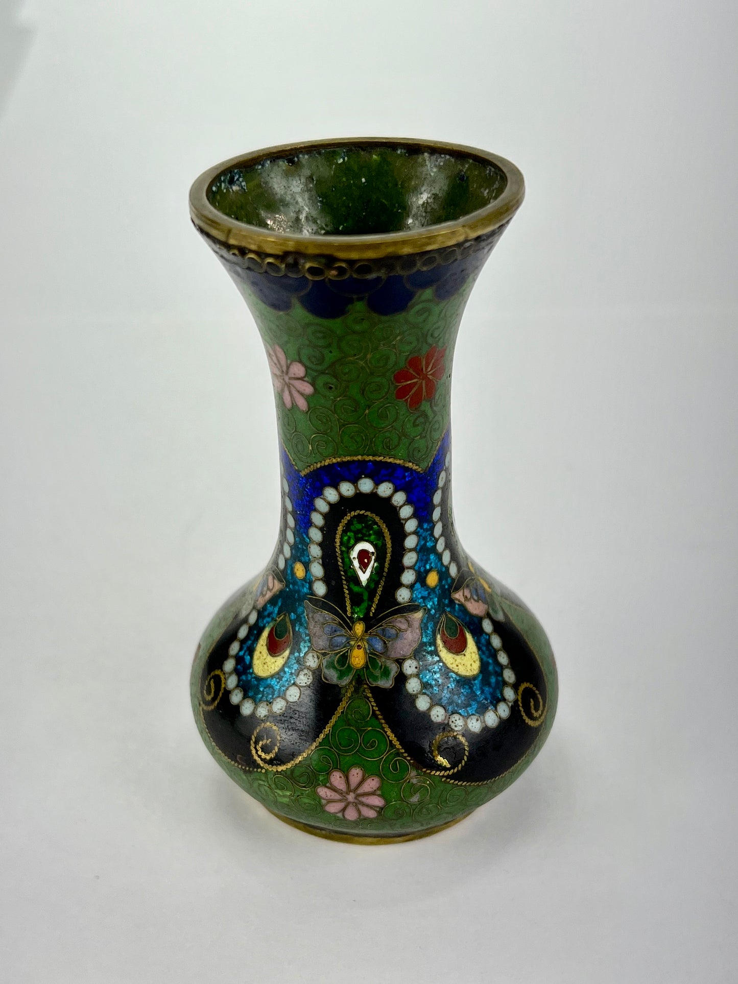 Antique Japanese Meiji Era (late 1800's) Cloisonné Vase Green w/ Butterflies 3.5”