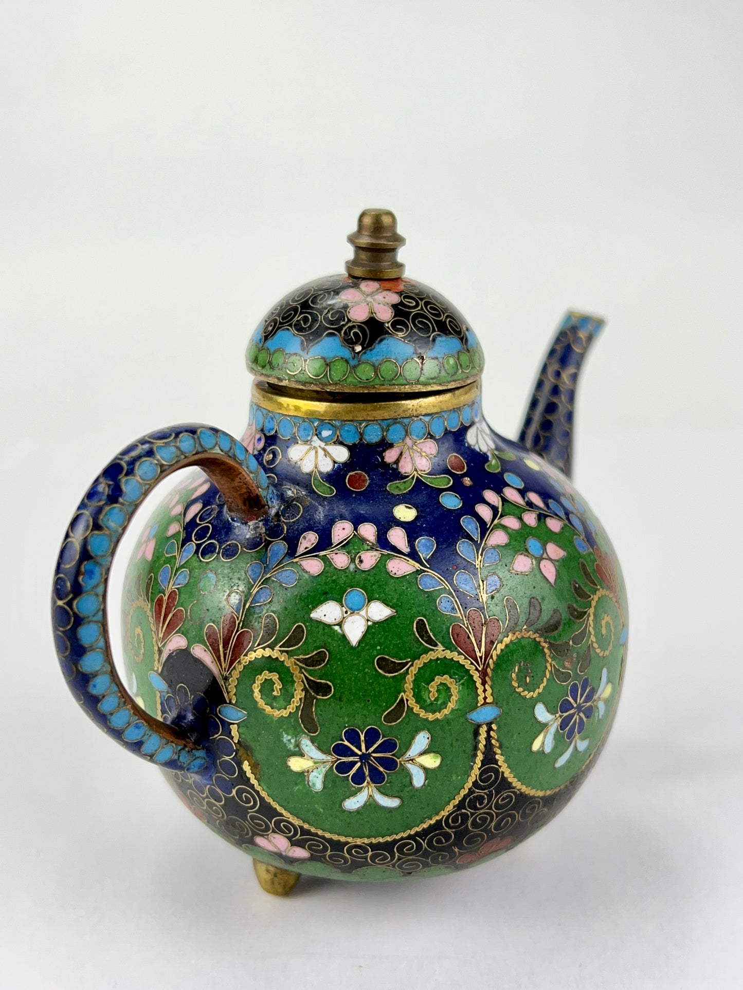 Antique Japanese Meiji Era (late 1800's) Cloisonné Green/Blue Tea Pot 3.5”