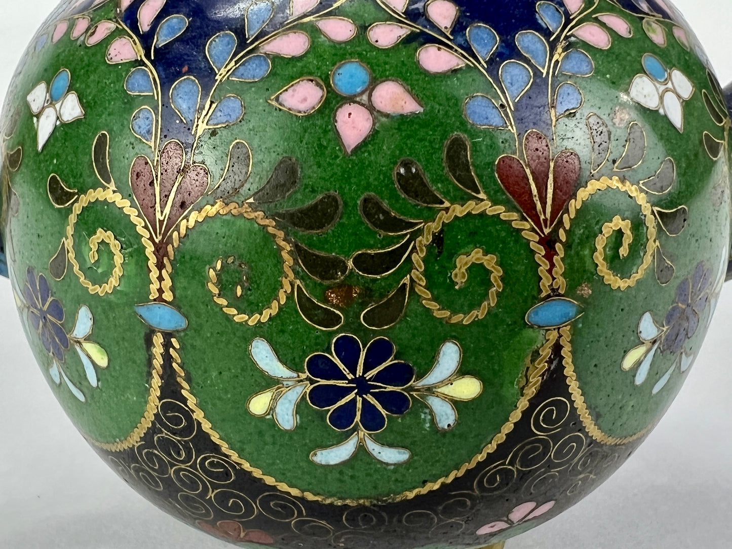Antique Japanese Meiji Era (late 1800's) Cloisonné Green/Blue Tea Pot 3.5”
