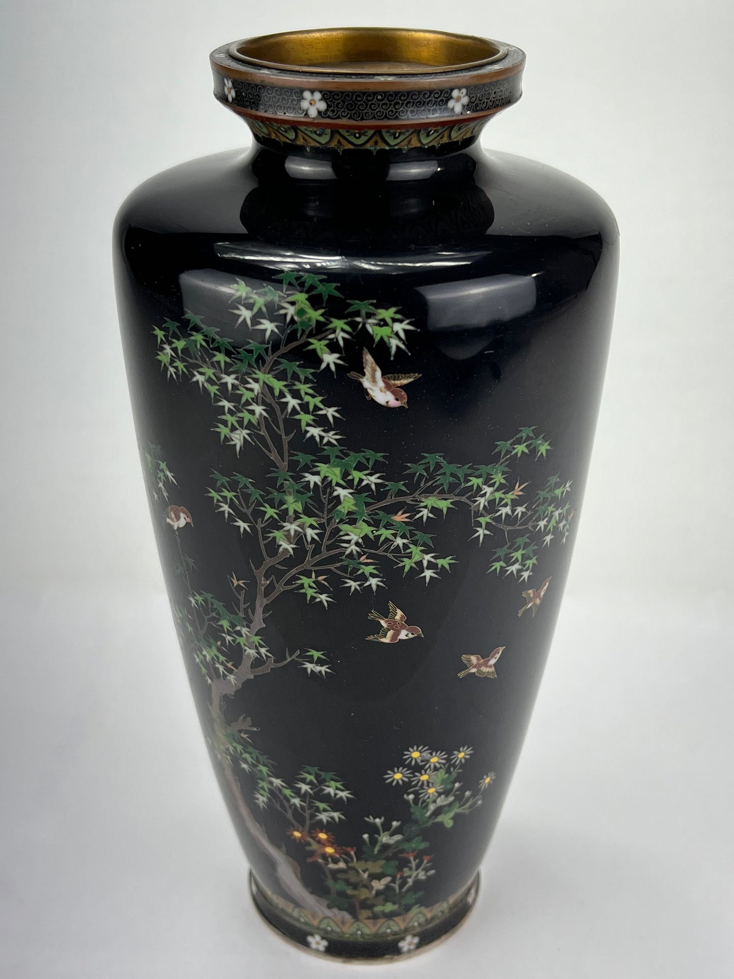 Antique Japanese Meiji Era (late 1800's) Silver Cloisonné Vase Maple & Sparrows 9.5”