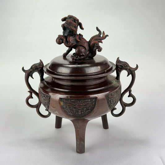 Japanese Bronze Koro Incense Burner w/ Foo Dogs 6.5"