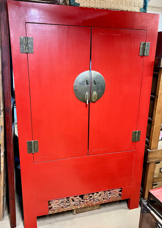 Vintage Chinese Ming Style Red Armoire 57"W x 78"H