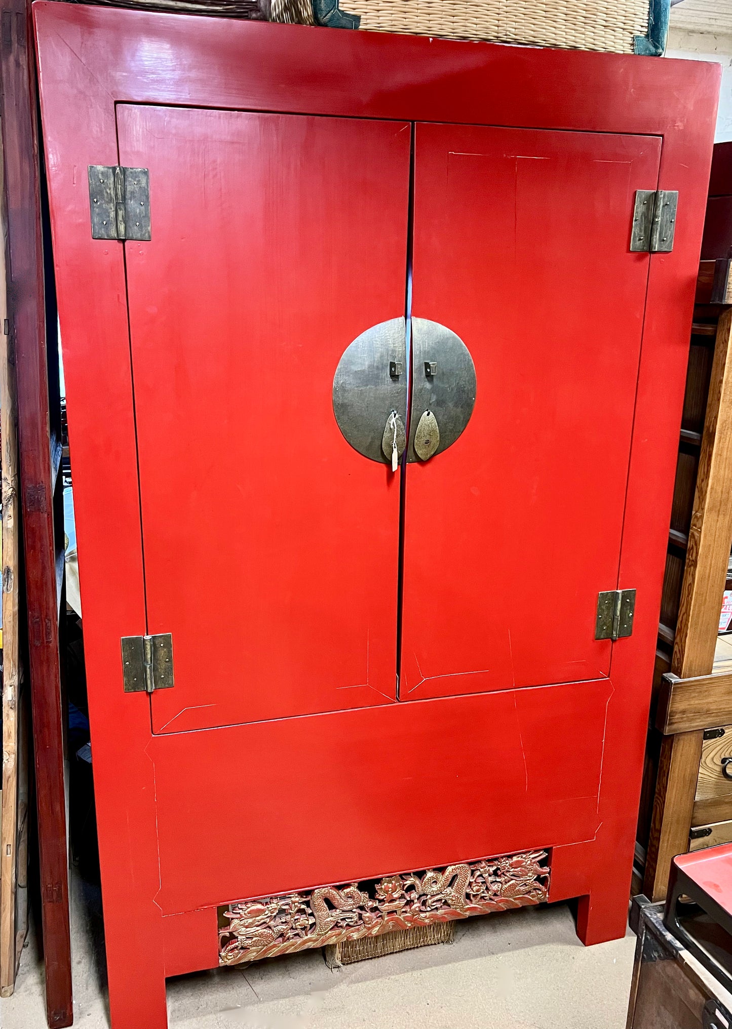 Vintage Chinese Ming Style Red Lacquer Armoire 57"W x 78"H
