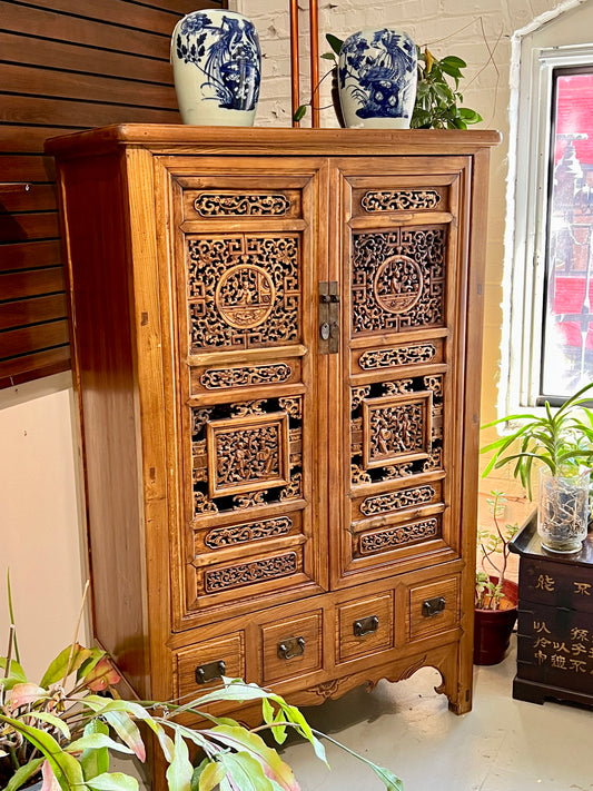 Antique Chinese Qing Carved Doors Armoire 4 Drawers 41"W x 69"H