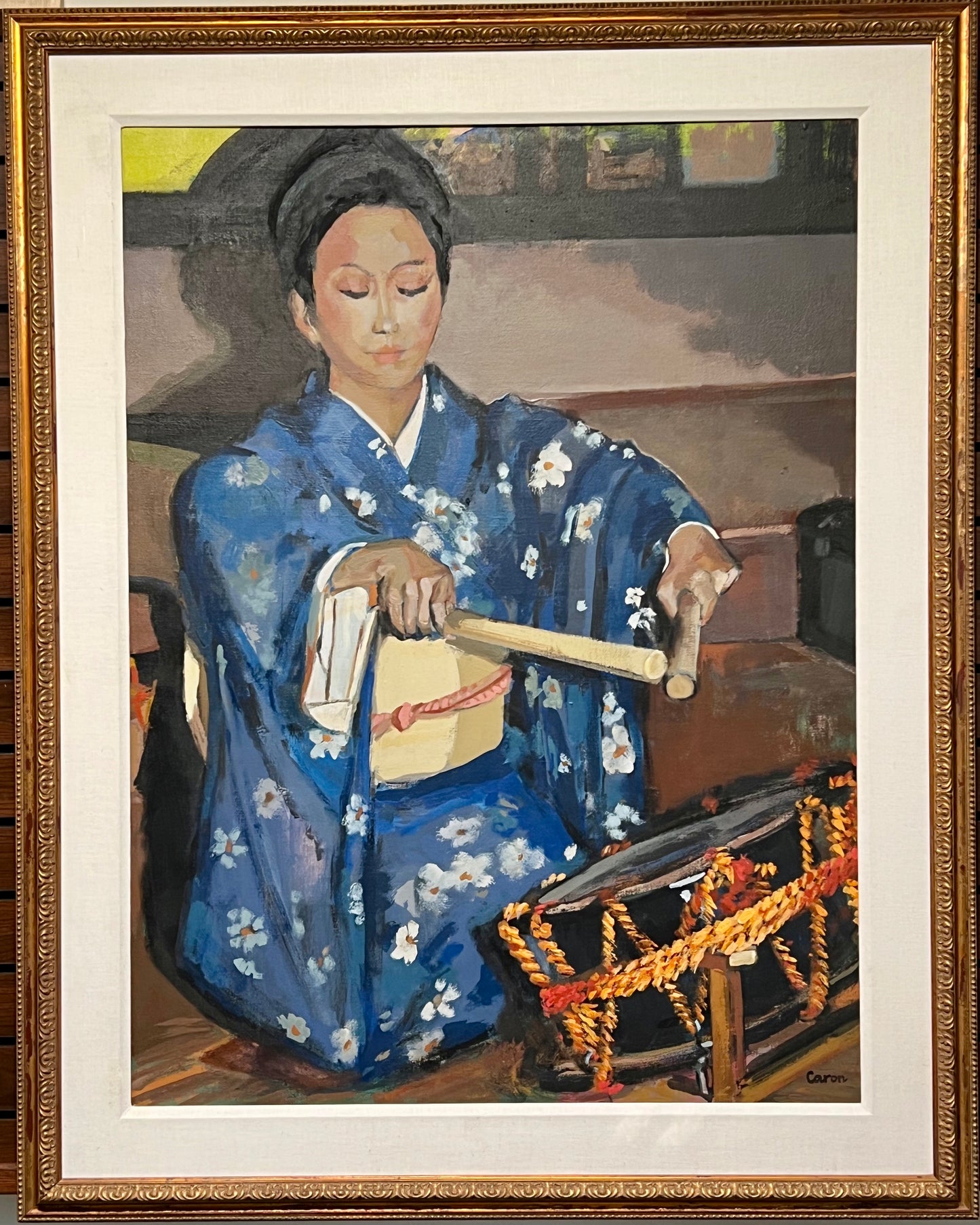 Sidonie Caron Framed Original Painting "Geisha Learns to Play the Taiko Drum" 39"x48"