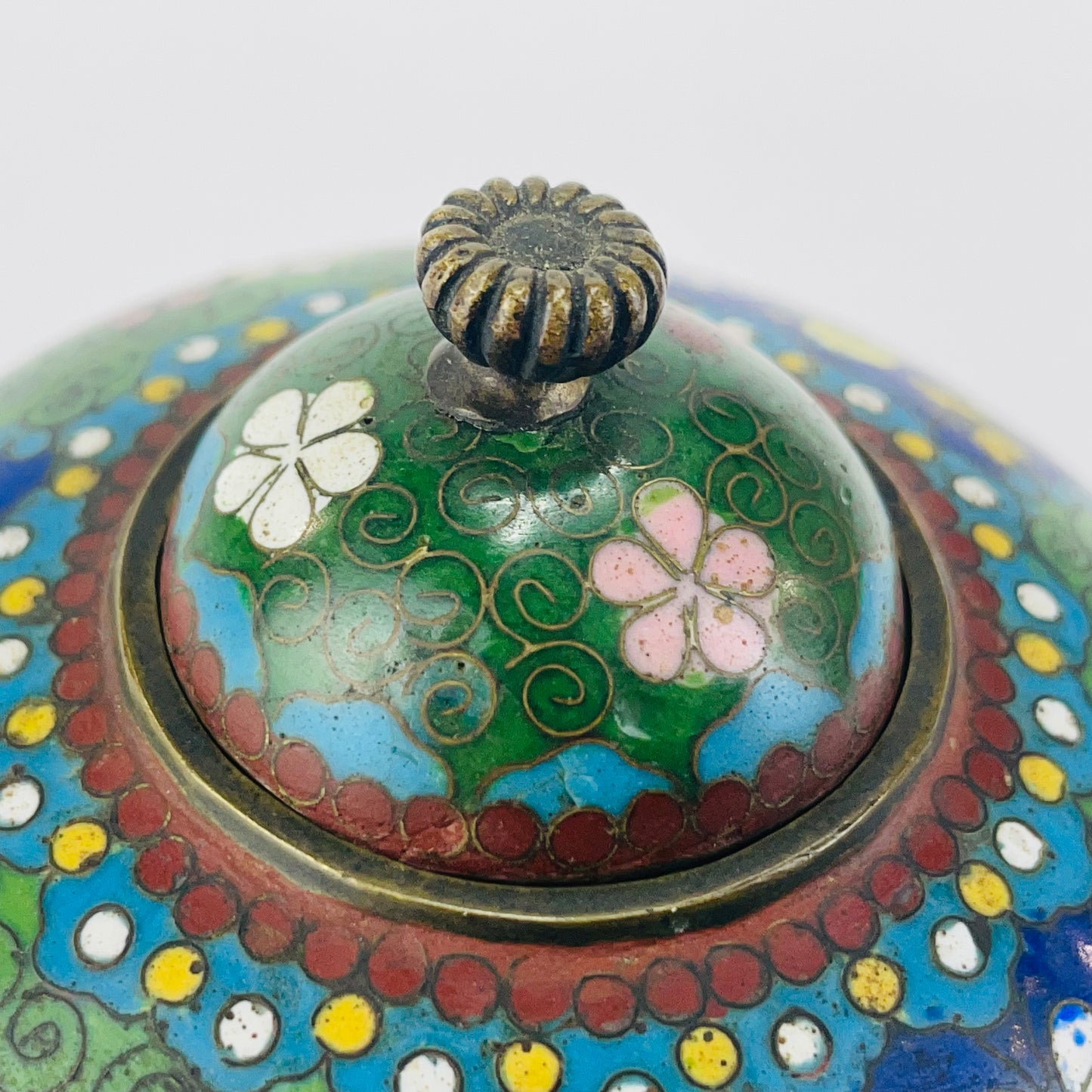 Antique Chinese Late Qing c1910 Blue Cloisonné Koro Censer for Incense 3”