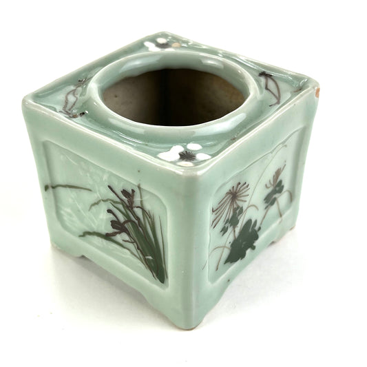 Vintage Japanese Taisho Era Ceramic Sake Cup Holder Green Celadon 2.5"
