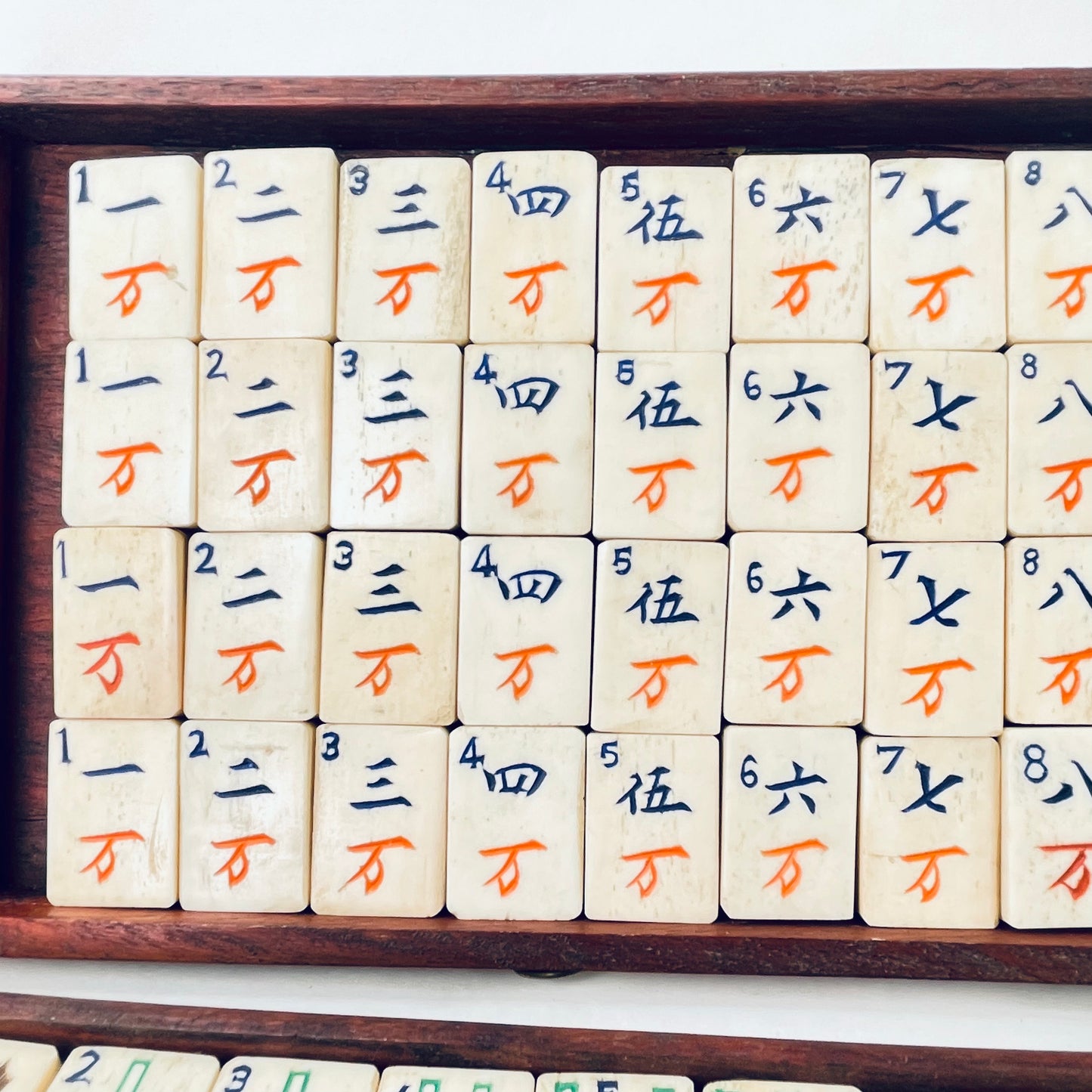 Antique Complete Chinese Mahjong Set With Arabic Numerals 3x2x1cm Tiles Special Tiles are Flowers Box Includes Betting Sticks Dice w/ Box as well as Direction Disks