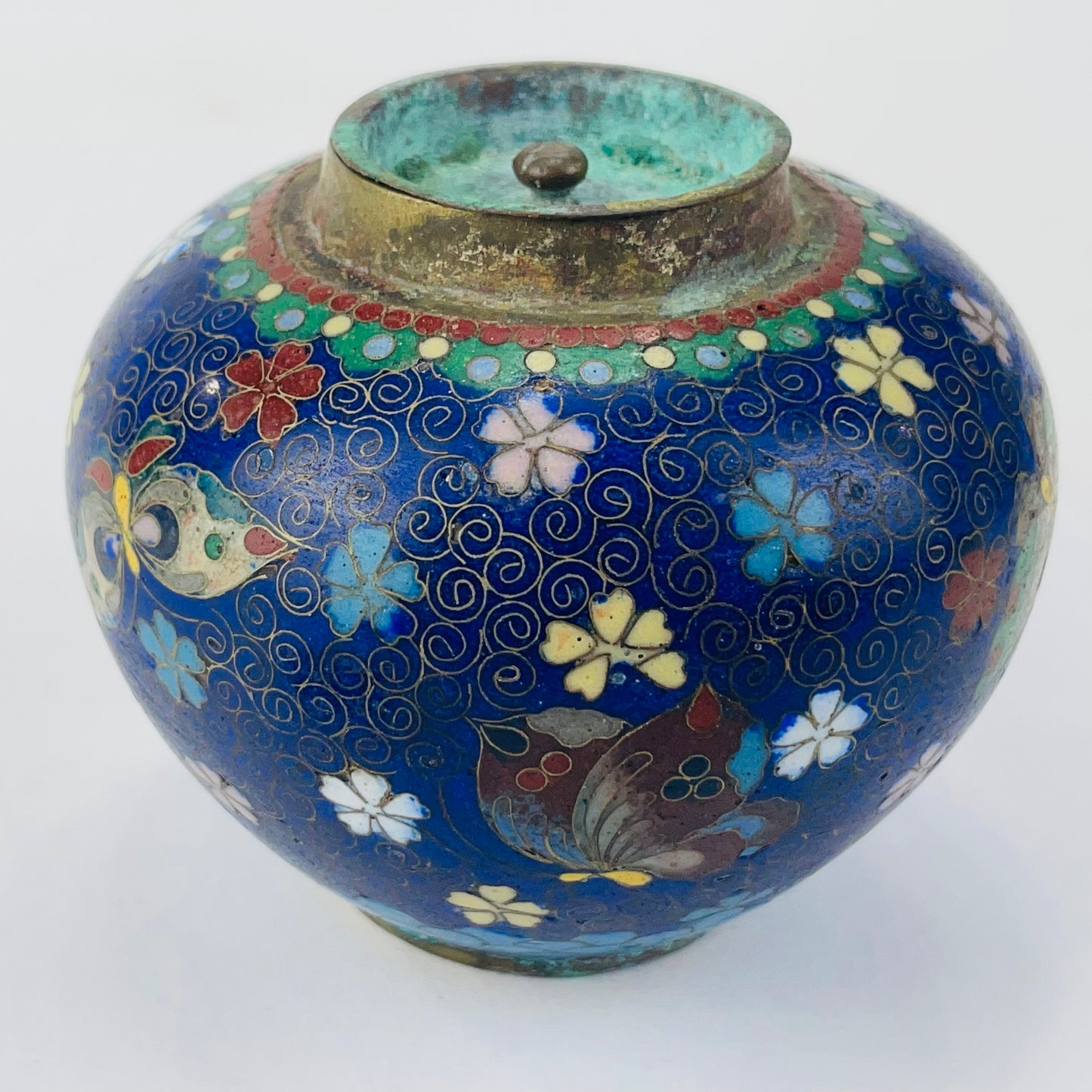 Antique Japanese Meiji Era (late 1800's) Cloisonné Tea Jar Style 3.5”