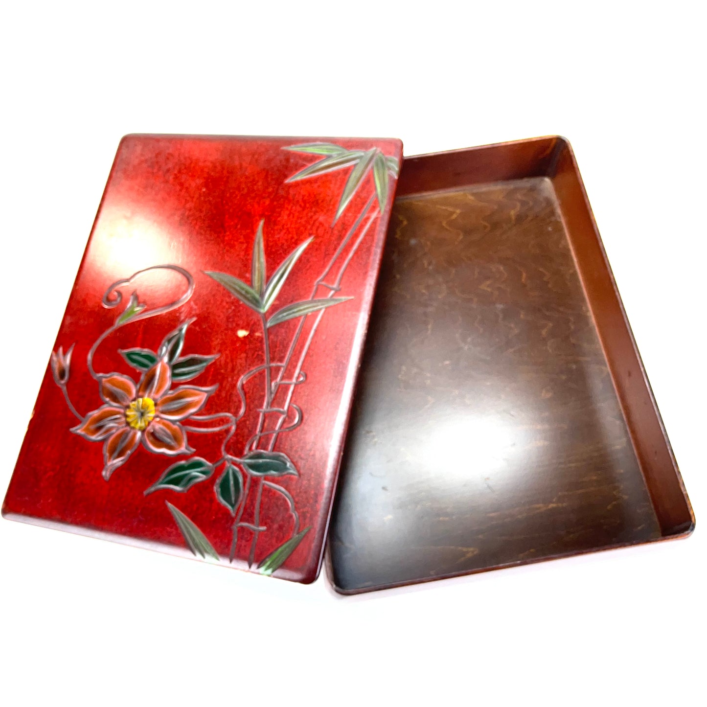 Vintage Japanese Kamakurabori Box Flowers Deep Red Lacquer 9”x12”