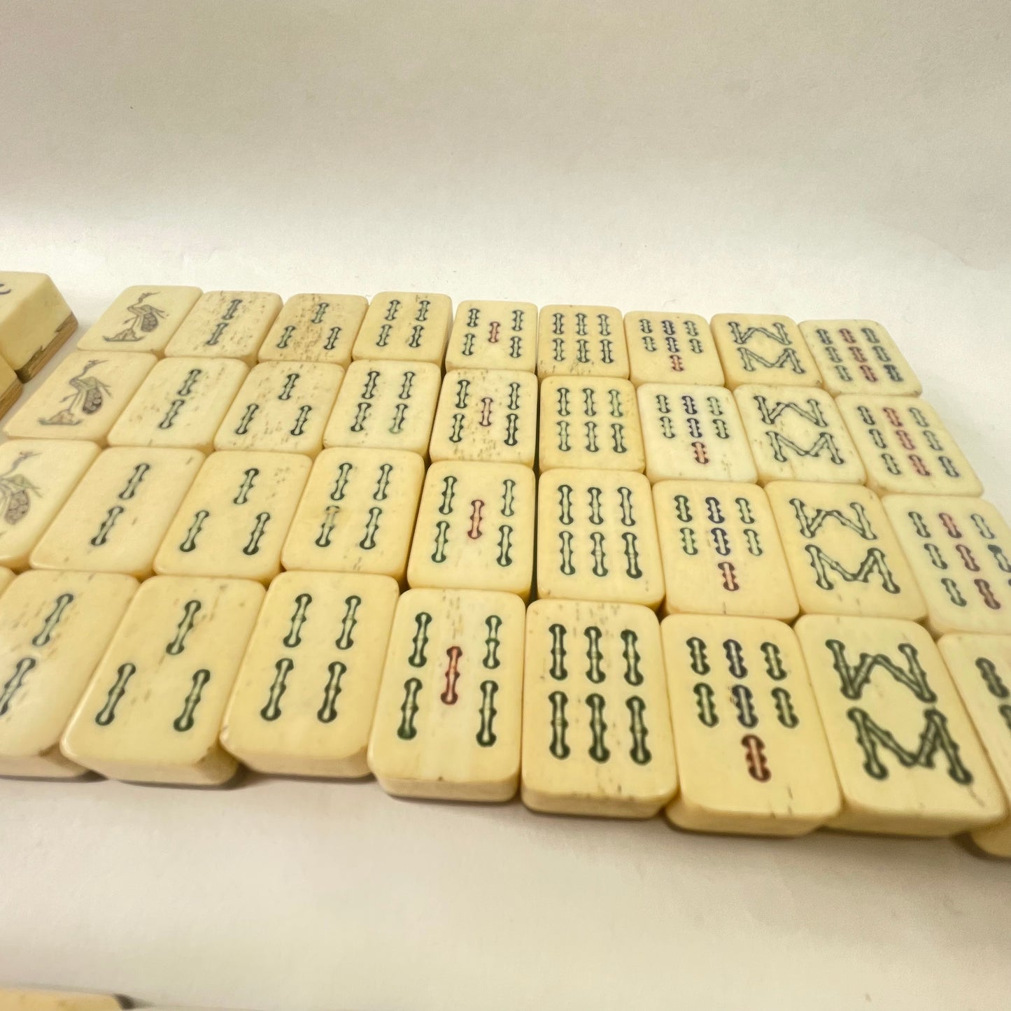 Antique Rare Chinese Mahjong Set (no English no Arabic Numerals) Small 2” x 2.5” Tiles Special Tiles, Sage, Cat, Mouse & Flowers