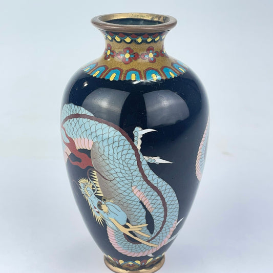 Antique Japanese Meiji Era (c1880) Cloisonné Vase Blue dragon 5”