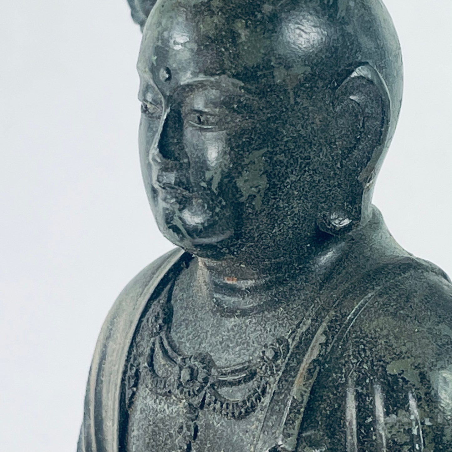 Antique Japanese Broze Statue of Zen Buddhist  Monk w/ Jewel & Staff Signed
