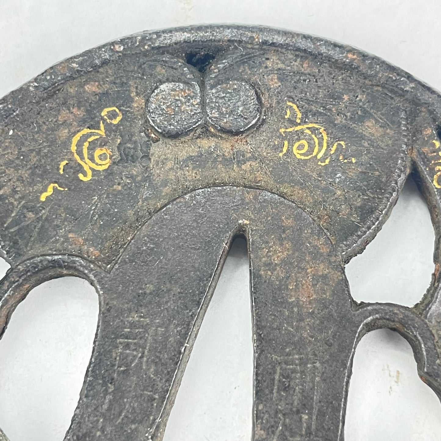 Antique Japanese Samurai Iron Tsuba Sword Hilt Openwork Lotis Leaves gold inlay Signed