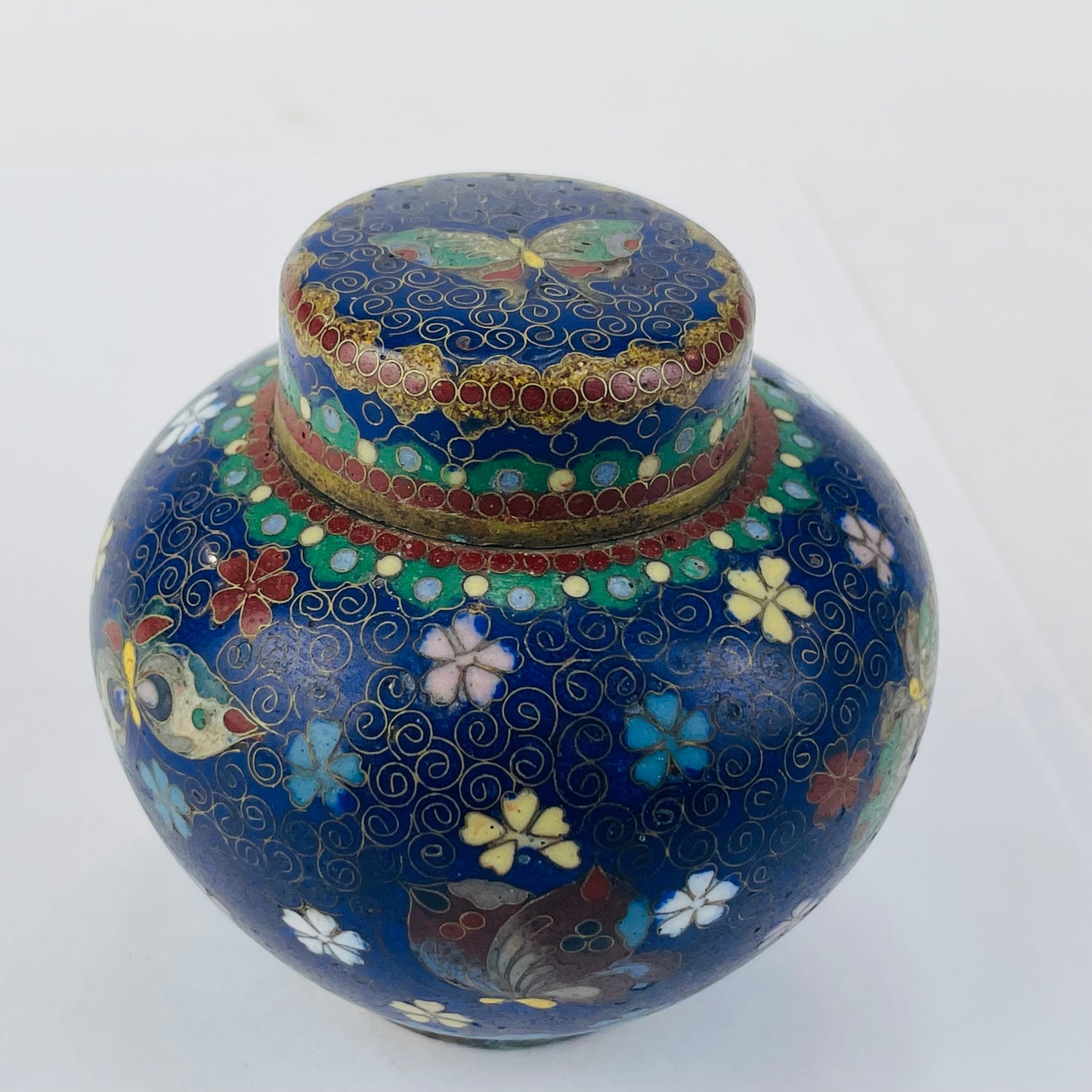 Antique Japanese Meiji Era (late 1800's) Cloisonné Tea Jar Style 3.5”