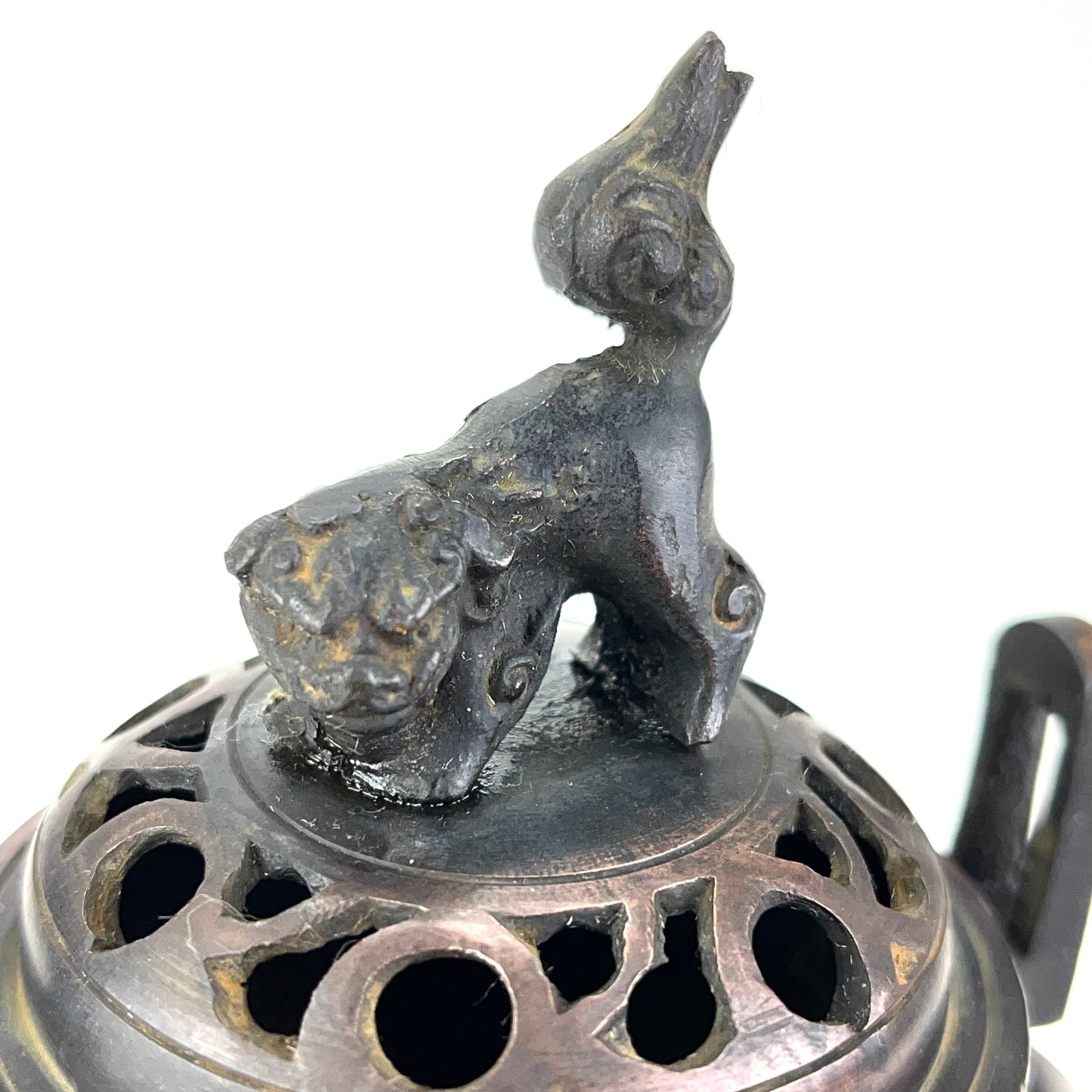 Japanese Bronze Koro Incense Burner w/ Foo Dog & Thick Handles 5"