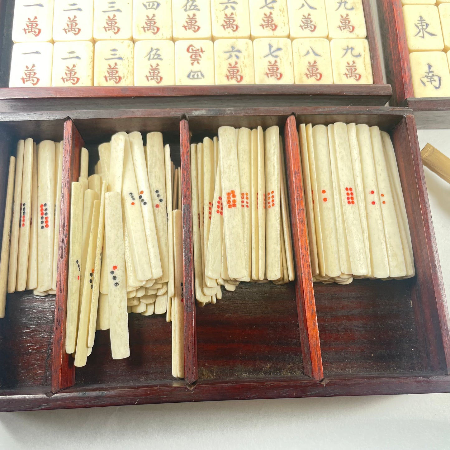Antique Rare Complete c.1900 Chinese Mahjong Set (no English no Arabic Numerals) Small 3/4” x 1” Tiles Special Tiles are Flowers Box Includes Betting Sticks Dice w/ Box as well as Direction Disk