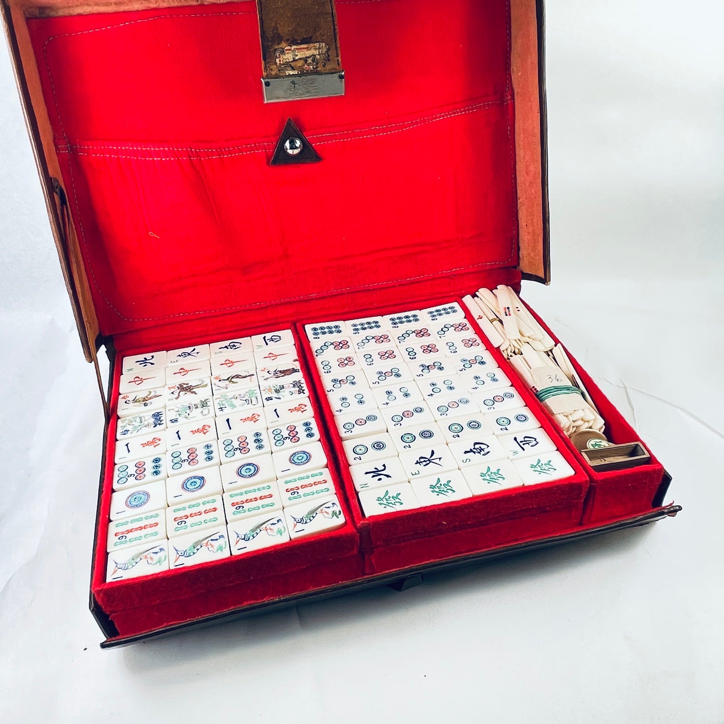 Antique Complete Chinese Mahjong Set With Arabic Numerals 1x 2 x 3 cm Tiles Special Tiles are Maidens Box Includes Betting Sticks Dice w/ Box as well as Direction Disks and holder
