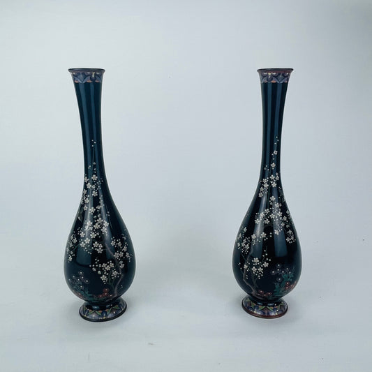 Pair of Antique Japanese Meiji Era (late 1800's) Cloisonné Cherry Blossom with Sparrows Vases 9”