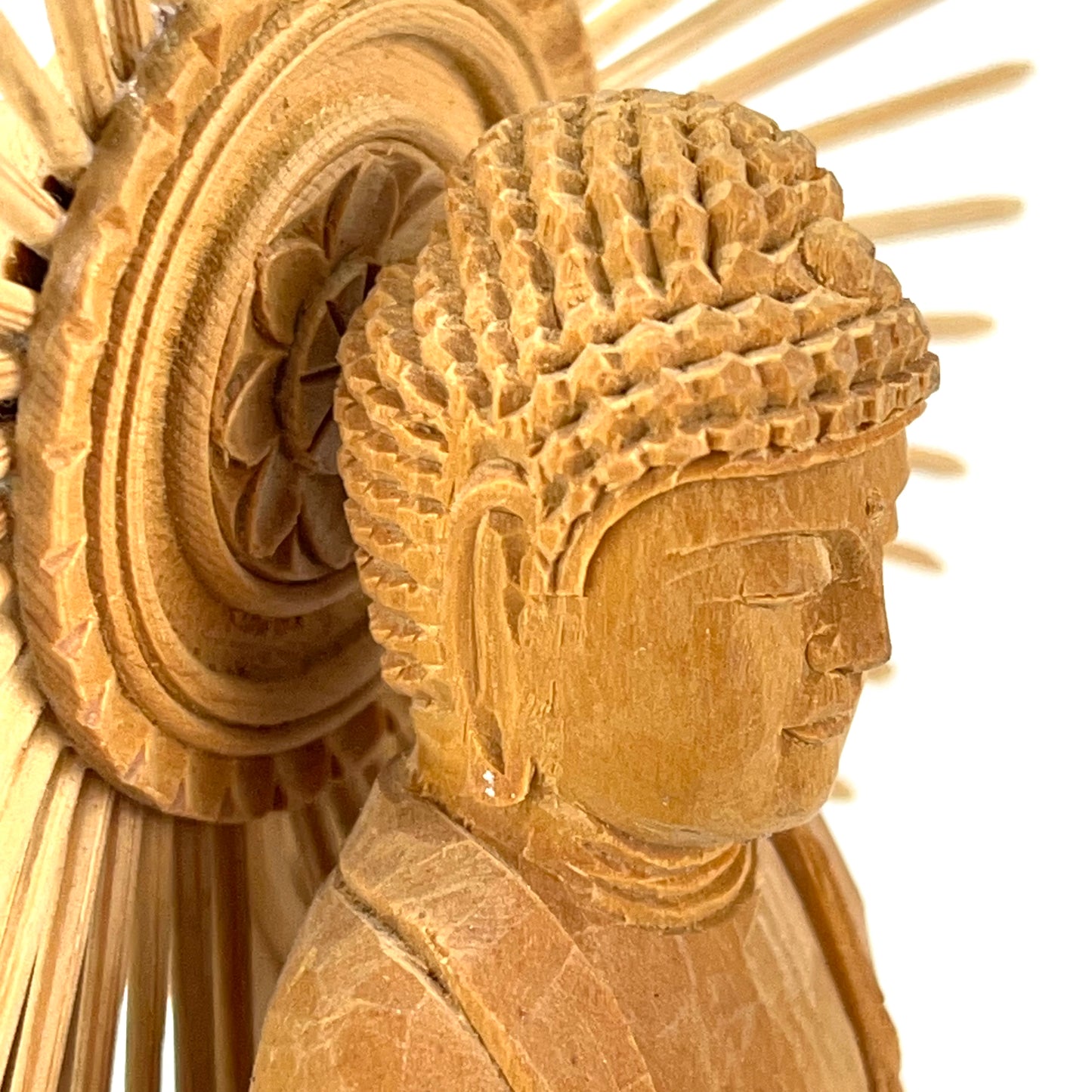 Statue of The Buddha in Standing Pose w/ Halo Carved Wooden Japanese 10”