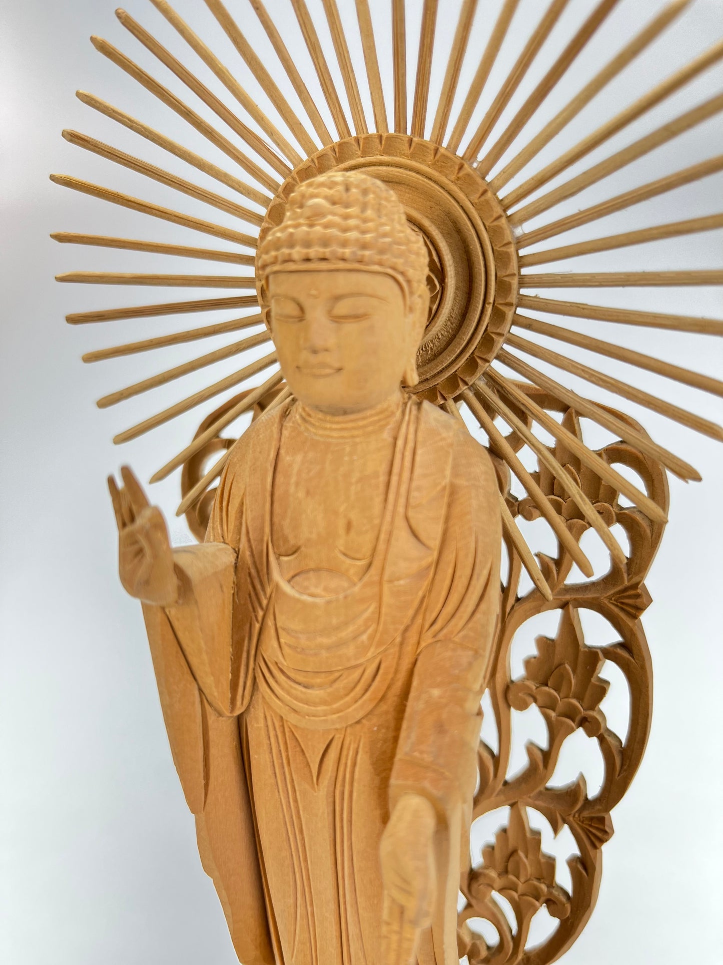 Statue of The Buddha in Standing Pose w/ Halo Carved Wooden Japanese 10”