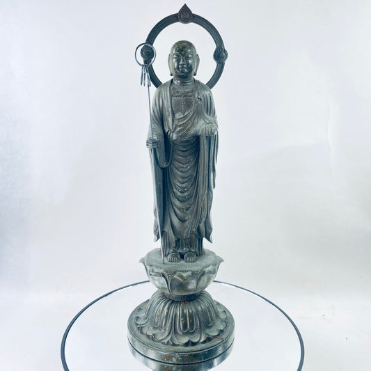 Antique Japanese Broze Statue of Zen Buddhist  Monk w/ Jewel & Staff Signed