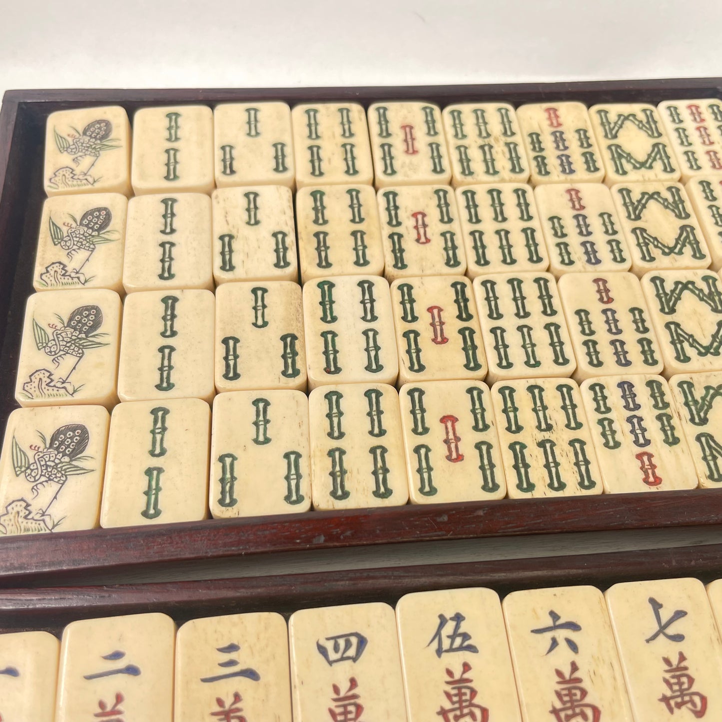 Antique Rare Complete c.1900 Chinese Mahjong Set (no English no Arabic Numerals) Small 3/4” x 1” Tiles Special Tiles are Flowers Box Includes Betting Sticks Dice w/ Box as well as Direction Disk