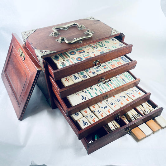 Antique Complete Chinese Mahjong Set With Arabic Numerals 3x2x1cm Tiles Special Tiles are Flowers Box Includes Betting Sticks Dice w/ Box as well as Direction Disks