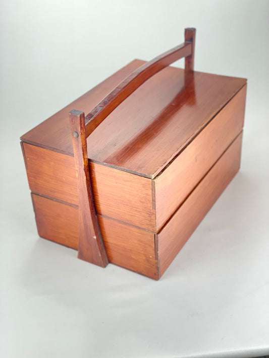 Antique Japanese c 1920 2 Tiered Lidded Lacquer Kasane Jubako Bento Box w/Handle