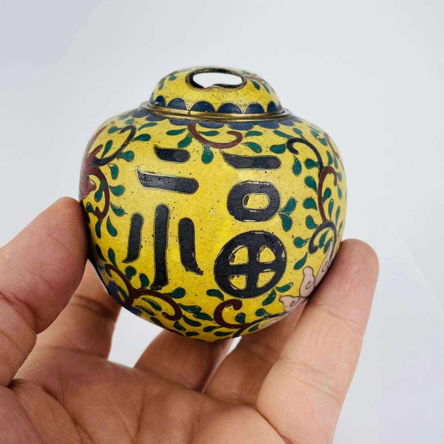 Antique Chinese Yellow Cloisonné Koro Censer for Incense 3”