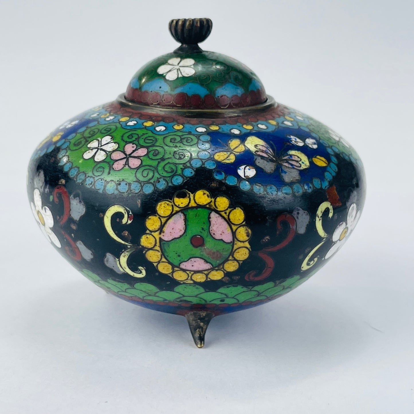 Antique Chinese Late Qing c1910 Blue Cloisonné Koro Censer for Incense 3”