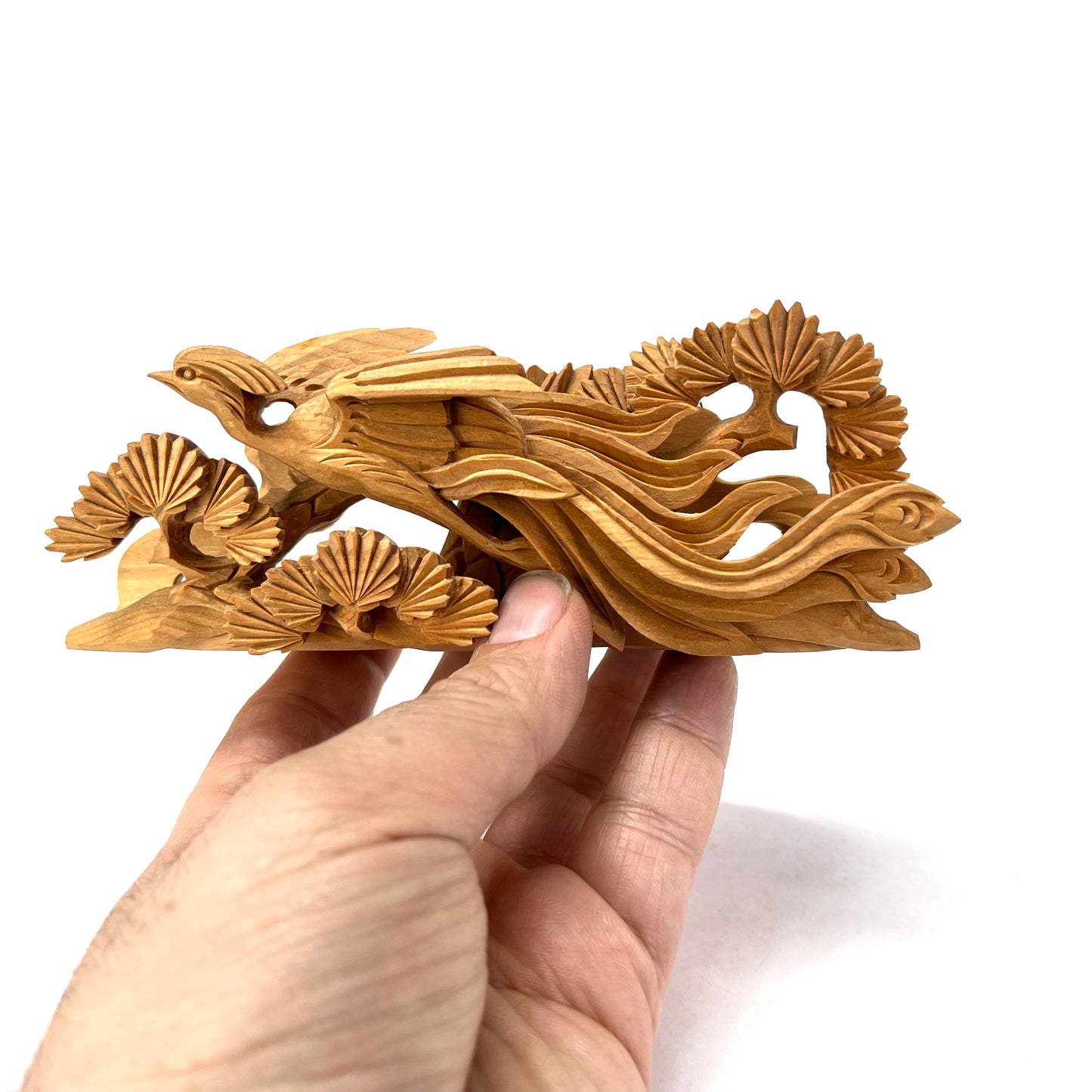 Japanese Ranma Hori Carved Peacock Flying Up Left 6" Butsugu
