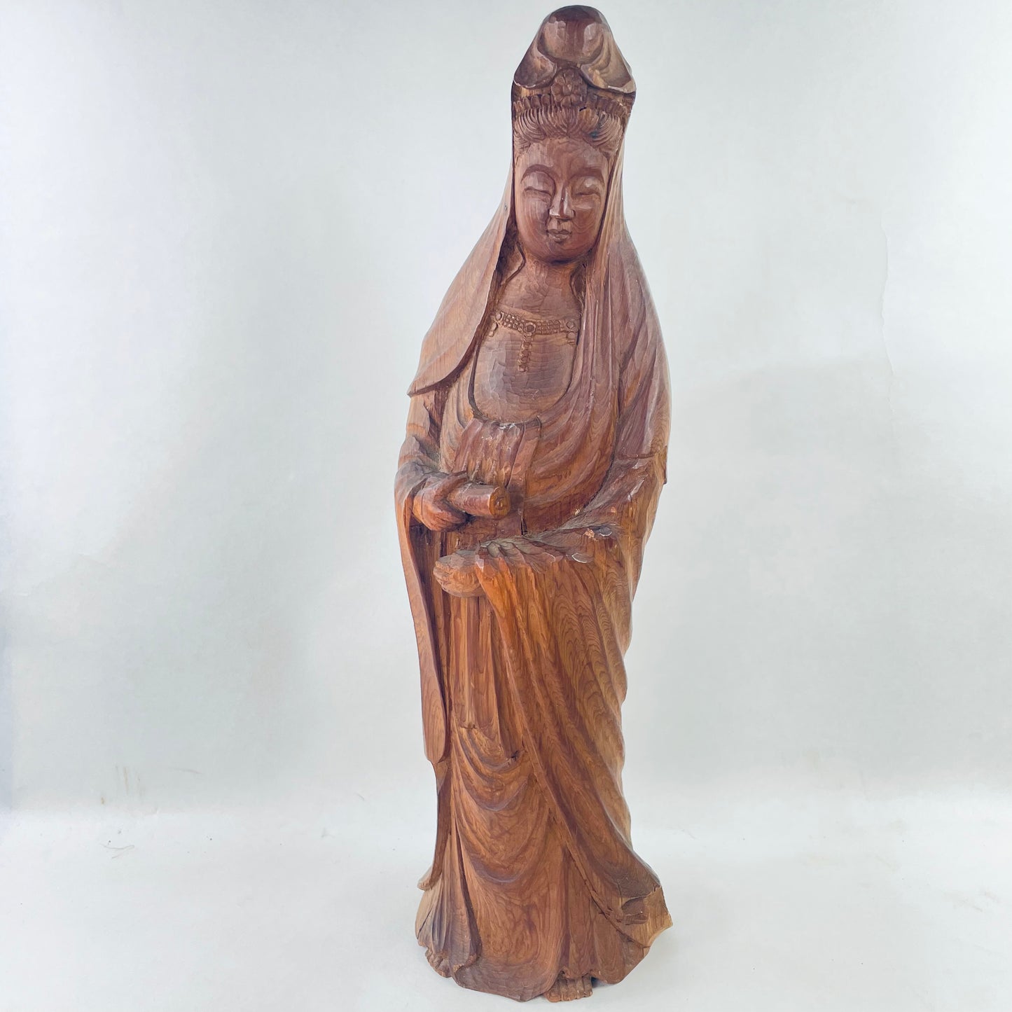 Antique Statue of Quan-Yin Japanese Wood Carved Avalokitishvara Kanon Bodisattva of Compassion Standing Pose 11.5” Tall