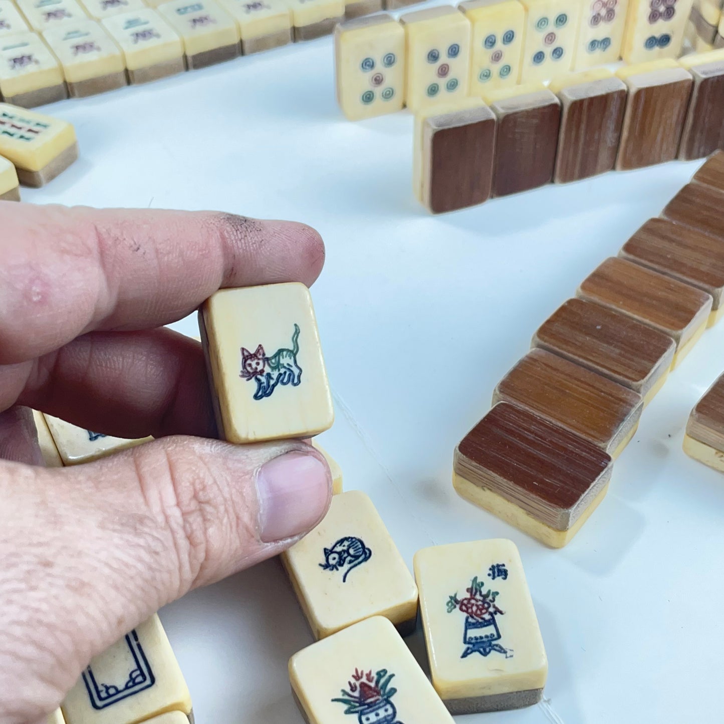 Antique Complete Chinese Mahjong in two Teared Leather Box