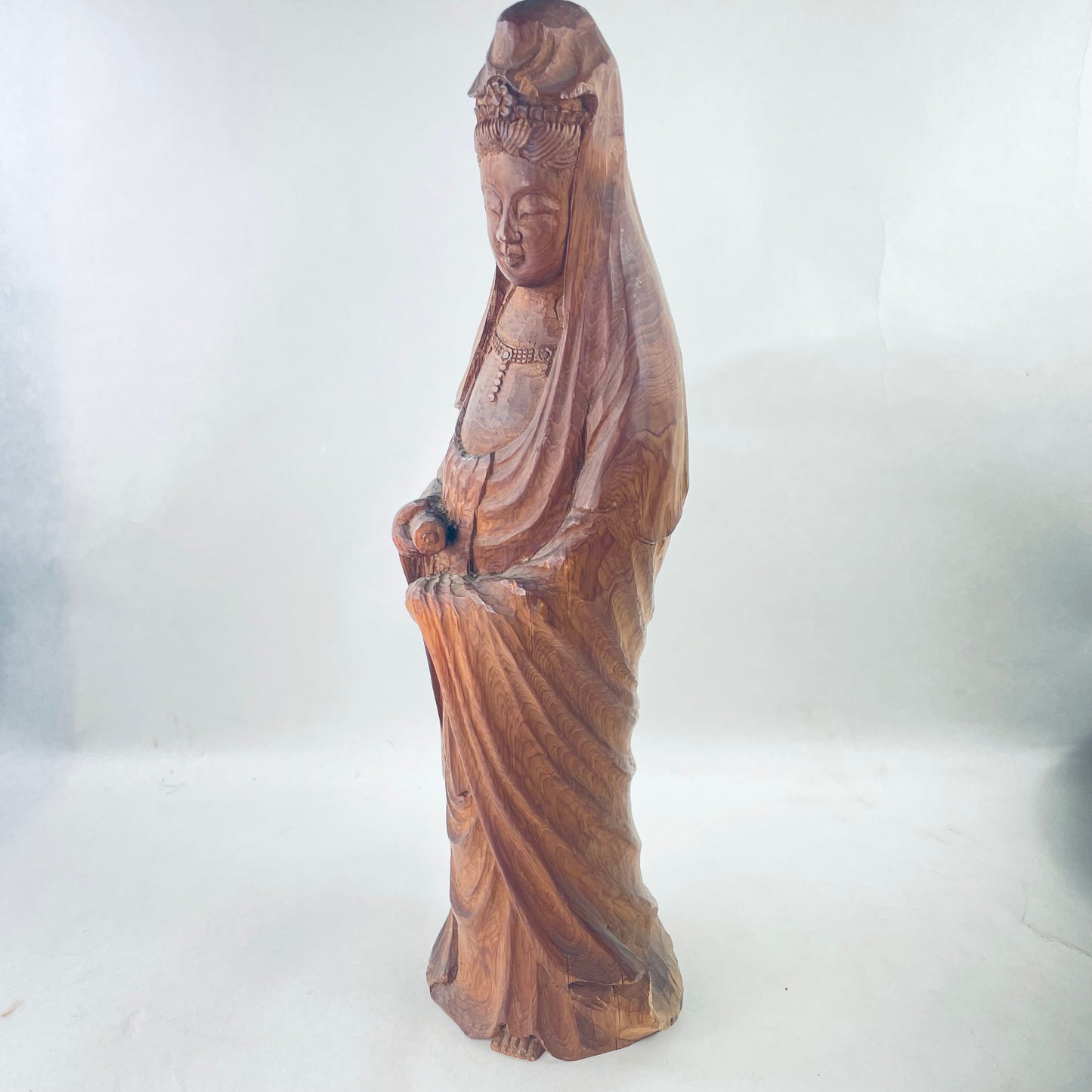 Antique Statue of Quan-Yin Japanese Wood Carved Avalokitishvara Kanon Bodisattva of Compassion Standing Pose 11.5” Tall