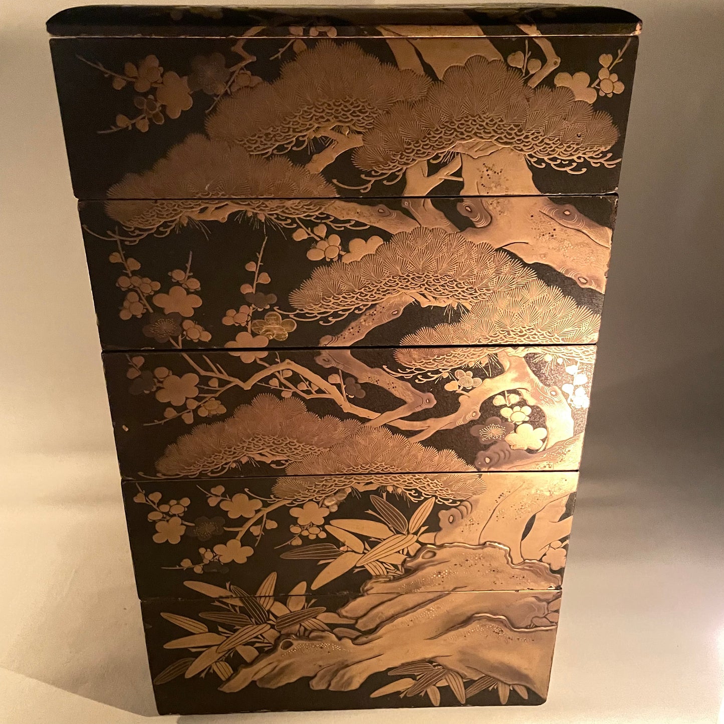 Antique Japanese Early Edo c.1600's 5 Layer Lidded Lacquer Makie Jubako Bento Box w/ Documentation