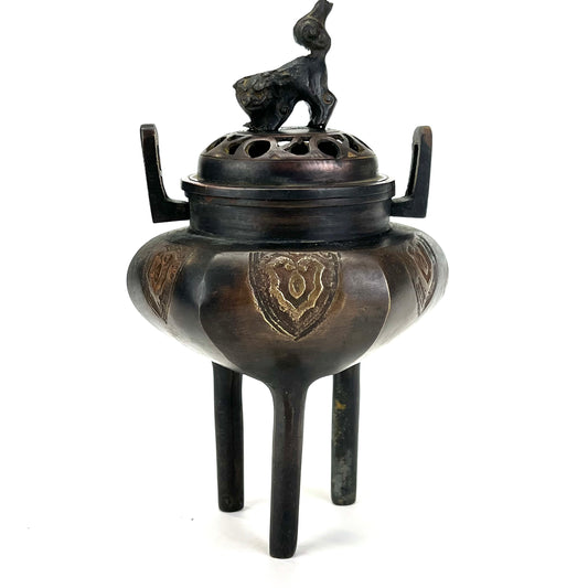 Japanese Bronze Koro Incense Burner w/ Foo Dog & Thick Handles 5"