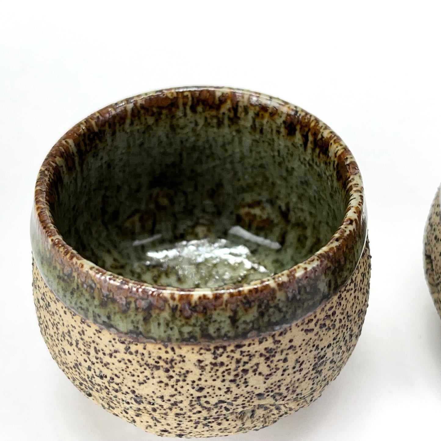 Japanese Set of Ceramic Sakazuki Sake Cup Green Glaze Rim 1” Tall