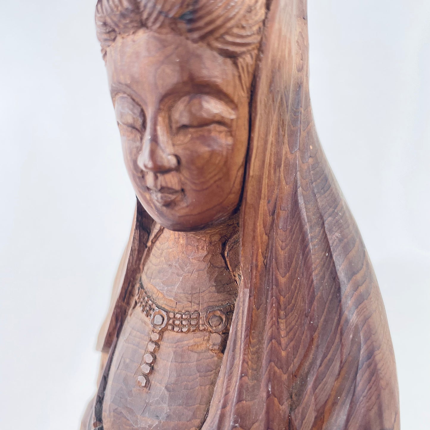 Antique Statue of Quan-Yin Japanese Wood Carved Avalokitishvara Kanon Bodisattva of Compassion Standing Pose 11.5” Tall