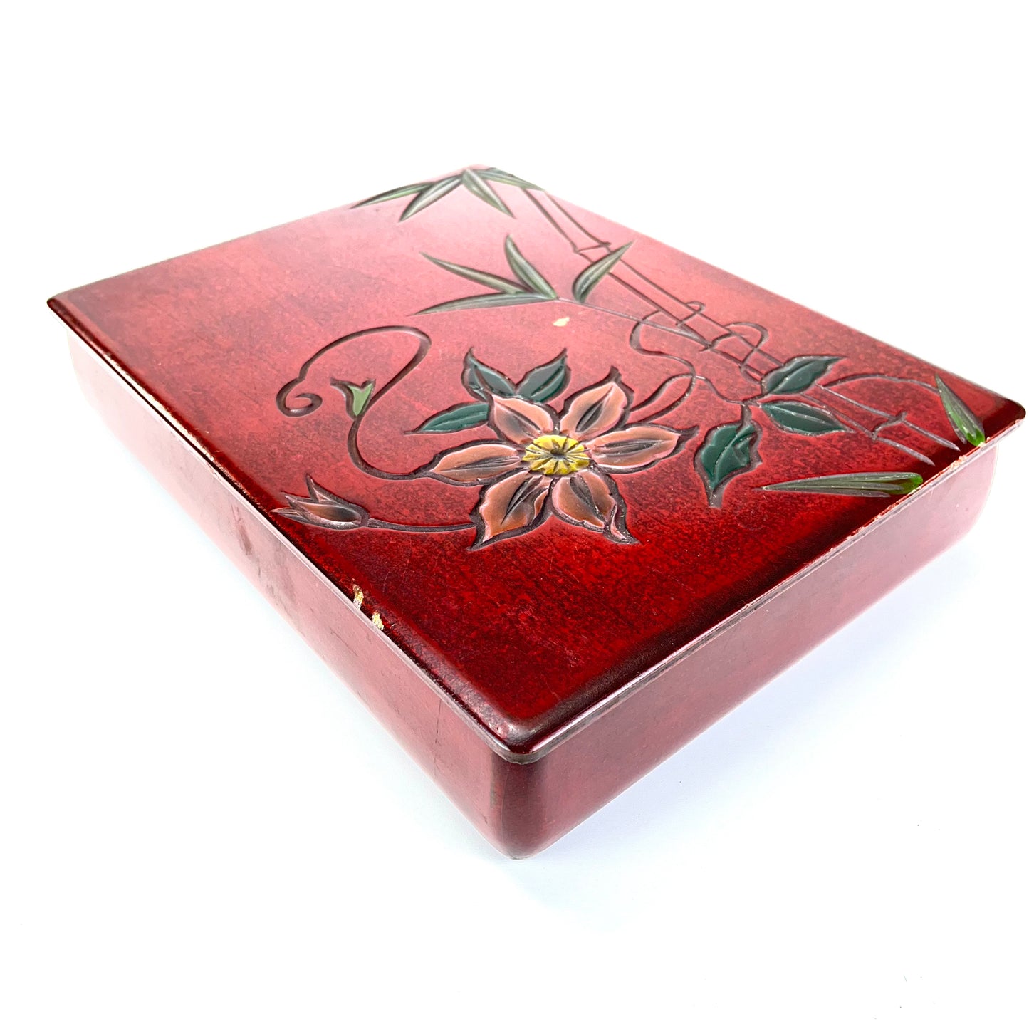 Vintage Japanese Kamakurabori Box Flowers Deep Red Lacquer 9”x12”