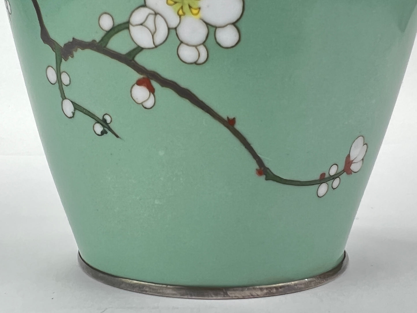 Antique Japanese Meiji Era (late 1800's) Cloisonné Vase Teal w/ Plum Blossoms 7”